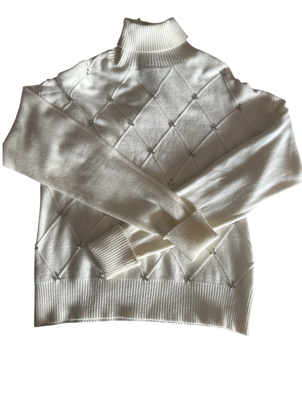 Women's Cream Turtleneck Sweater with Bead-Embellished Diamond Knit - Picture 6 of 8